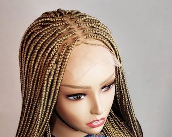 Knotless Box Braids Wig For Black Women, Gold long single braid full lace front wig, handmade glueless straight small medium braided wig
