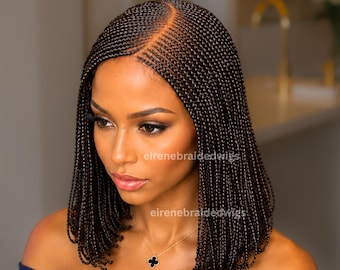 Parrucca con trecce Bob Conrow per donne di colore, capelli umani ricci castani, frontale in pizzo, stile tribale africano, leggera, con riga laterale, 14 pollici.