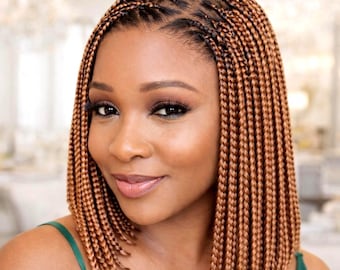 Pelucas trenzadas para mujeres negras, estilo bob con trenzas de caja y encaje frontal de 25 cm.