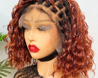 Knotless Bob Boho Goddess Loc Box Braided Wig For Black Women Curly  human hair lace front single braid wig, wavy natural hair, glueless wig