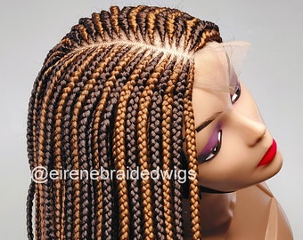 Braided Wig For Black Women, Long Fulani Conrow Human Hair Lace front gold brown colour braids wig, Ghana weave african locs box braids wig