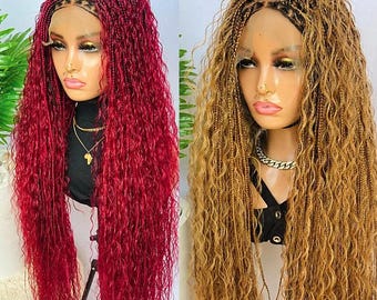 Knotless Boho Goddess Loc Box Braids Wig, Black Women Curly long human hair lace front single braid glueless wig, silver wavy natural hair