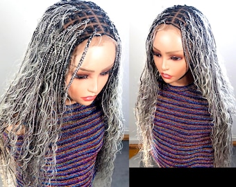 Knotless Boho Goddess Loc Box Braids Wig, Black Women Curly long human hair lace front single braid glueless wig, silver wavy natural hair