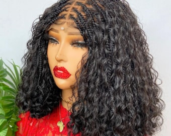 Knotless Bob Boho Goddess Loc Box Braided Wig For Black Women Curly  human hair lace front single braid wig, wavy natural hair, glueless wig