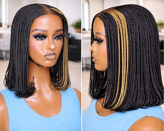 Pelucas trenzadas para mujeres negras Peluca corta estilo bob con trenzas: Peluca frontal de encaje para mujeres negras