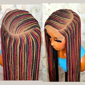 Pelucas trenzadas para mujeres negras. Peluca larga trenzada: corte en C, encaje frontal, trenzas negras, rojas y doradas.