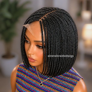 Braided Wigs For Black Women Short Bob Braided Wig: Human Hair Lace Closure, Black Single Box Braids