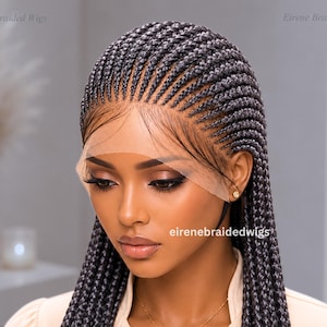 May include: A full lace wig featuring dark grey, tightly woven cornrow braids that extend from the hairline. The wig includes a sheer lace front panel with visible baby hairs along the edges. The text eirenebraidedwigs is printed on the image.