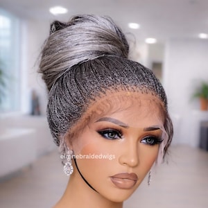 Full Lace Bone Straight Twist Wig For Black Women, Salt and Pepper Micro Braids, Needle Size Nano Braid, Glueless with Baby Hair