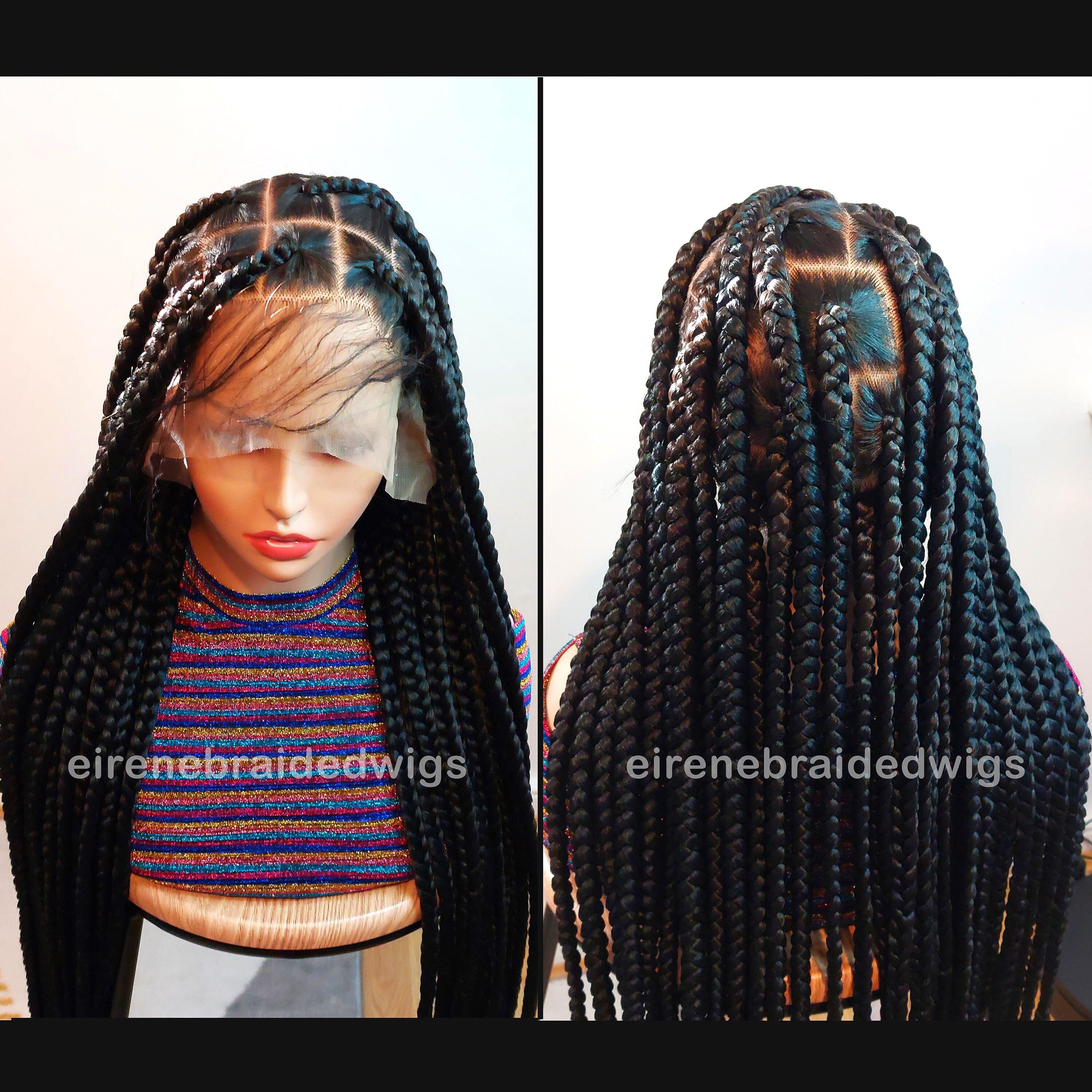 Chunky Knotless Big Box Braided Wig For Black Women, baby hair full lace african single jumbo braids human hair wig, 36in wig Ready to ship