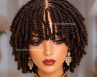 Brown Spring Twist Braided Wigs For Black Women, Light-weight Lace Closure Bob Wig