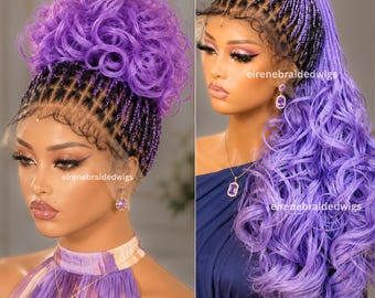 Braided Wigs For Black Women, Spanish Curls Braided Wig, Nano Twist Human Hair Lace Front, Purple, Lilac, Lavender