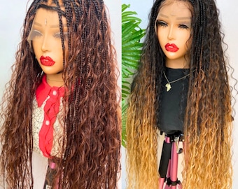 Knotless Boho Goddess Loc Box Braids Wig, Black Women Curly long human hair lace front single braid glueless wig, silver wavy natural hair