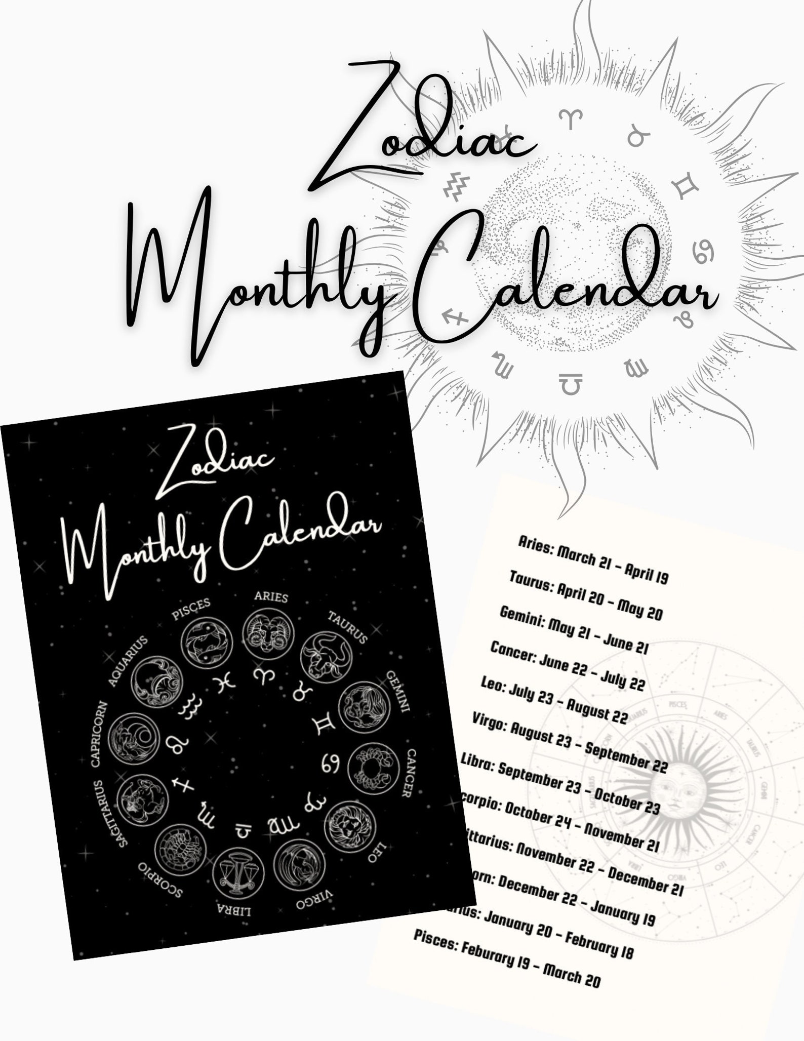 Zodiac Monthly Calendar Etsy