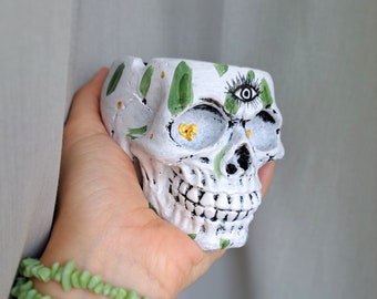 Hancrafted Skull Bowl with Leaves and a Third Eye Hand Painted Art Object