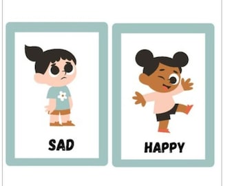 May include: Two illustrated flashcards with teal borders. One card shows a sad child with the word "SAD" below. The other card shows a happy child with the word "HAPPY" below. The illustrations are in a cartoon style.