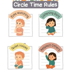 May include: A poster titled Circle Time Rules featuring four illustrated sections with children demonstrating behaviors: Eyes Watching, Listening Ears, Quiet Voices, and Respect Others. Each section includes a child character and text labels.