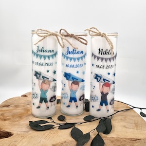 Candle for starting school, boy with school bag, names & date / table decoration for boys