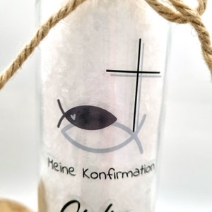 Kerze zur Konfirmation mit Fische Kreuz, Namen, Datum & Spruch / Kommunion / Firmung Bild 7