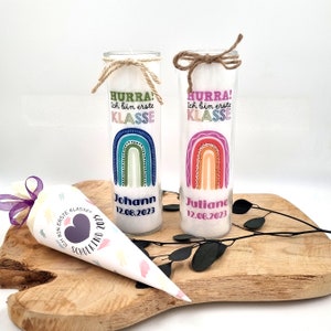 School enrollment candle with rainbow, names & date