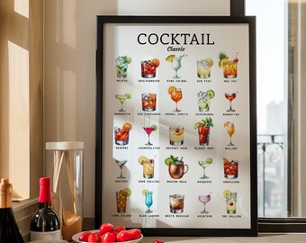 25 CLASSIC COCKTAILS Print Poster Alcohol Drink Beverage Alcohol Food&DrinK Print Retro Print - Wall Art Home Decor Gift Idea