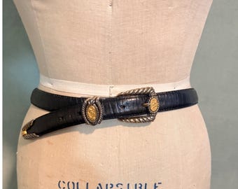 1995 Brighton Museum Collection Black Lizard Embossed Leather Coin Belt Size L