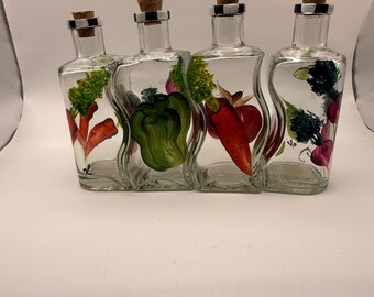 Juego de 4 vinagreras/aceiteras vintage de los años 80/90, de cristal pintado a mano con tapón de corcho.