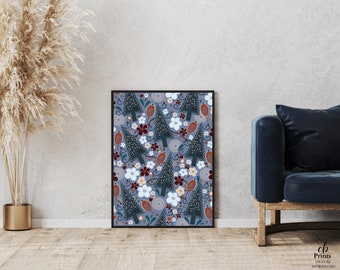 May include: A framed art print featuring a repeating pattern of stylized dark blue trees, white and burgundy flowers, and orange teardrop shapes on a light blue background. The print is displayed in a black frame.