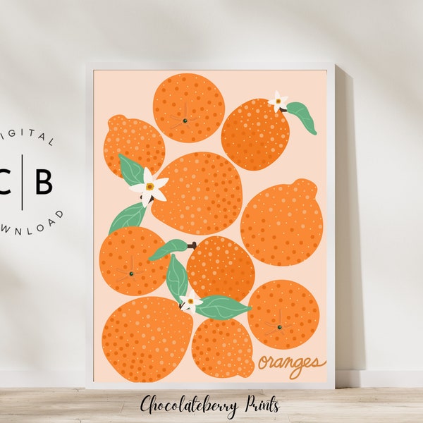 Oranges wall art, kitchen wall decor, fruit illustration, citrus painting, trendy wall art, orange printable art, DIGITAL DOWNLOAD