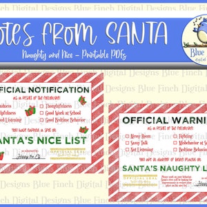 May include: Two printable Christmas list cards with red and white striped backgrounds. The top card is titled "Official Notification" and lists good behaviors like kindness, helpfulness, and good listening. The bottom card is titled "Official Warning" and lists bad behaviors like messy room, sassy talk, and not listening. Both cards have a green and red Santa's hat and a green and red present on the left side. Both cards have a gold seal on the right side. The text "Santa's Nice List" is on the top card and "Santa's Naughty List" is on the bottom card. Both cards have the text "as witnessed by: Happy the Elf" at the bottom.