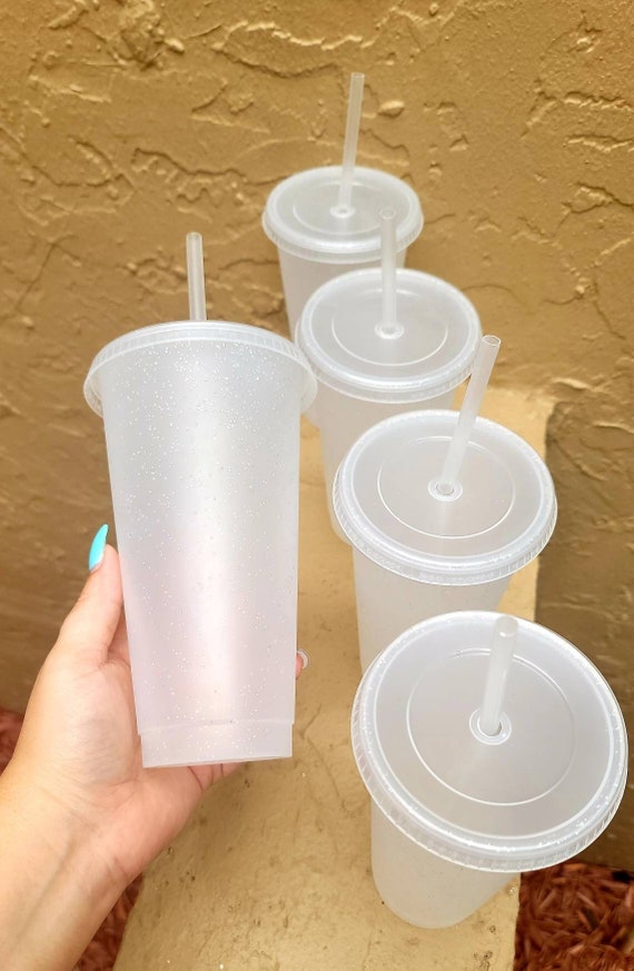 Clear Glitter Reusable Plastic Cold Cups, 24 Oz & 16 Oz, Set of 5 Cups 