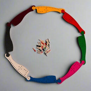 May include: A cribbage board game featuring a circular arrangement of eight wooden pieces in diverse colours. Small wooden pegs in red, white, black, and green are in the centre. The board has multiple holes for peg placement.