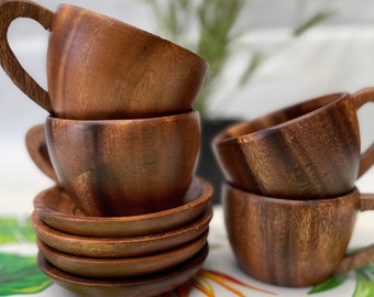 Handmade Wooden Teacup and Saucer Set, Coffee cup set