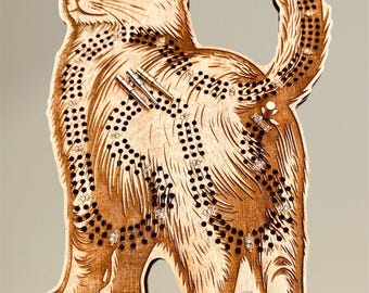 Cat Shaped Cribbage Board: Laser Engraved 3-Player Edition