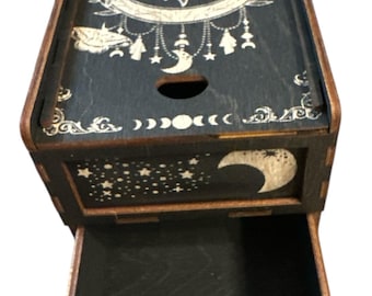 Engraved Wooden Tarot Card Holder with 2 Drawers