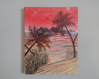 Colorful Sunburst Beach Painting on 8x10" Canvas