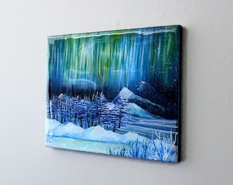 Northern Lights Aurora Painting - Expressionist Landscape on 11x14" Stretched Canvas