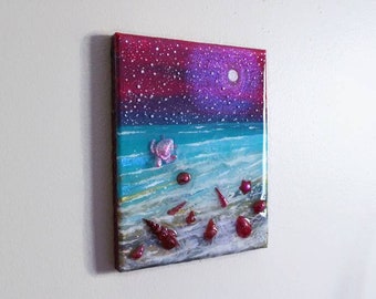 Blue and Pink Ocean Painting on Canvas| Sea Turtle Wall Art| Abstract Seascape Resin Art by Brittany Schilling