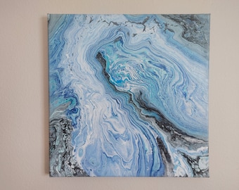Blue Abstract Fluid Acrylic Painting on 12x12" Stretched Canvas