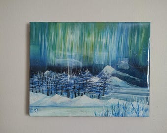 Northern Lights Landscape Painting, Original Art Painting on 11x14" Stretched Canvas