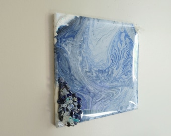 Blue Quartz Crystal Fluid Art Painting on 12x12" Stretched Canvas