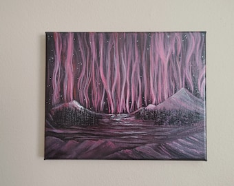 Pink Northern Lights Mountain Landscape Painting on 8x10" Stretched Canvas