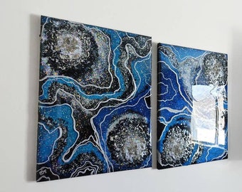 Blue Crystal Geode Resin Painting Set on Canvas 32x20" - Geode Crystal Canvas Art - Blue Agate Painting - 3D Holographic Art