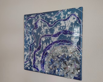 Blue and Purple Crystal Resin Painting on 12x12" Stretched Canvas