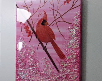 Red Cardinal Bird Painting, Bird Lover Wall Decor, Original Art on Canvas