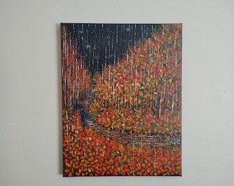 Rainy Autumn Night Landscape Painting on 11x14" Stretched Canvas