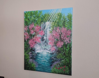 Spring Waterfall Landscape Painting on 11x14" Stretched Canvas