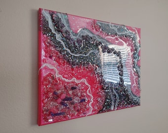 Pink Crystal Geode Resin Painting on 11x14" Stretched Canvas - 3D Art - Glass Resin Art - Glitter Textured - Geode Crystal Wall Art