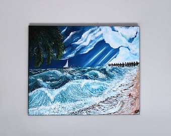 Original Beach Painting on Canvas: Florida Ocean Landscape (16x20")