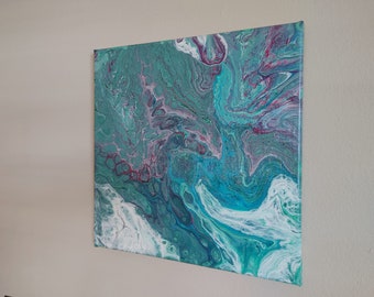 Green Abstract Fluid Acrylic Painting on 12x12" Stretched Canvas - Original Artwork - Contemporary Art - Fluid Art Pour